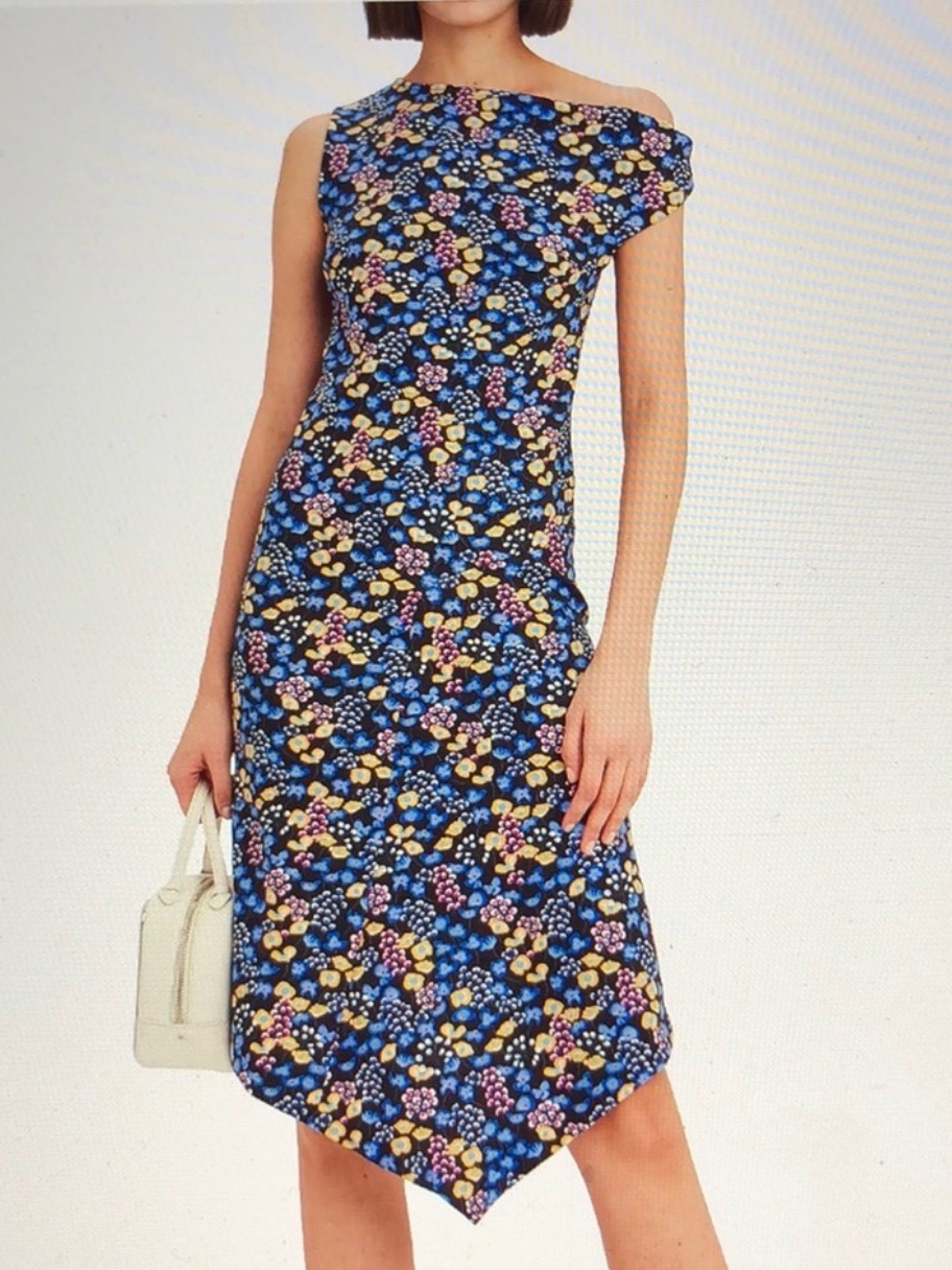 Atlein Bright Blue Floral One-Shoulder Asymmetric Midi Dress Size 38